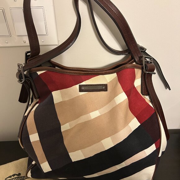 BURBERRY Mega Nova Check Large Canvas and Leather Handbag Cinch Shopper Tote - Picture 2 of 12